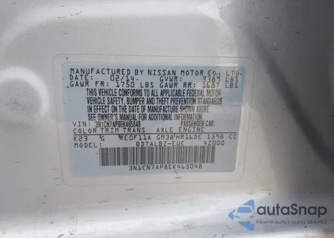 2014 Nissan Versa 1.6 S/1.6 S+/1.6 Sl/1.6 Sv from USA, damaged, VIN 3N1CN7AP8EK465048